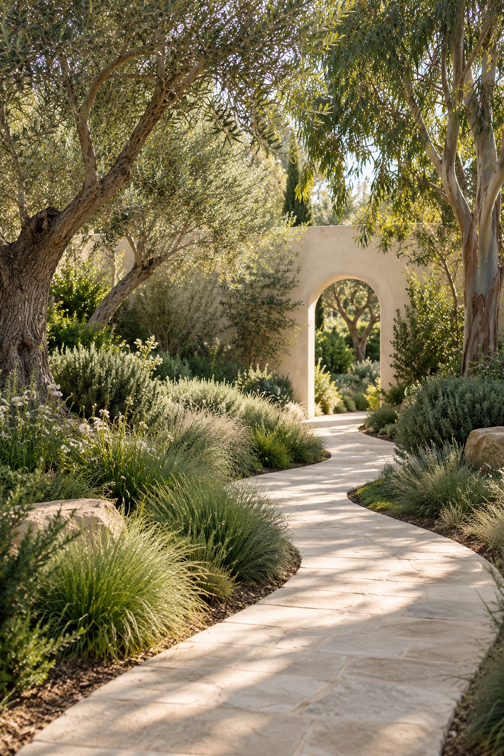 A sunlit garden path curves through greenery toward an open stone arch.